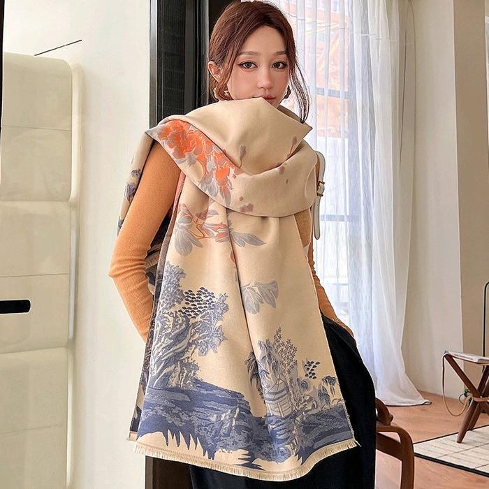 Syal Cashmere 2 sisi premium Quality flower High Grade Cashmere Selendang kain fleece cuci kering