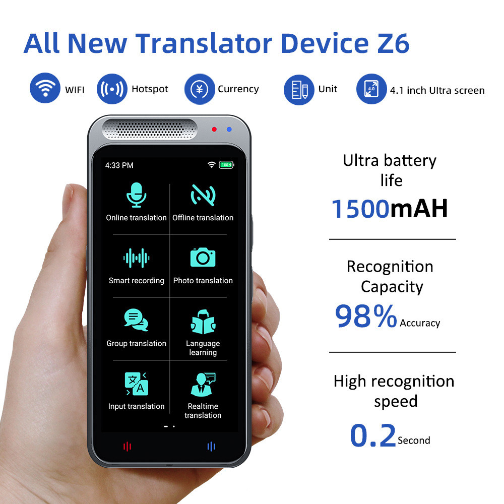 2023 Z6 Language Translator Device 138  Languages Intelligent Translator Real-time Voice Recording, 