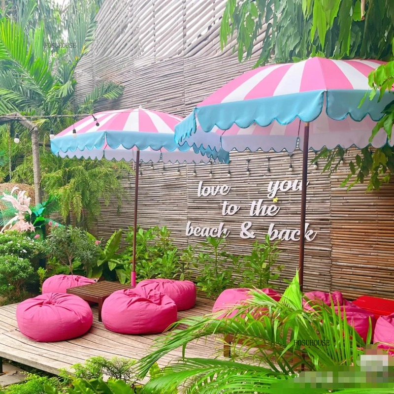 Large Retractable Canopy Umbrella Outdoor Patio Umbrellas Pink Striped Stall Umbrella Coffee Shop
