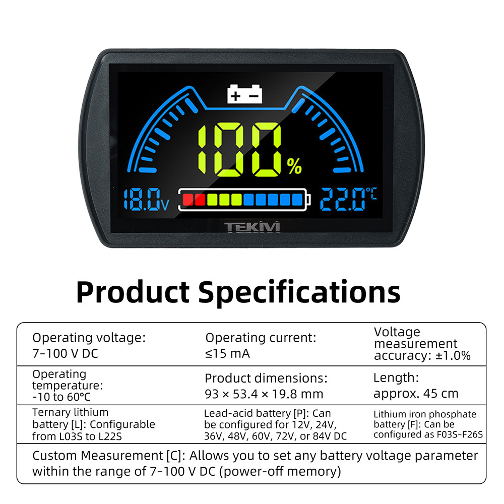 DC7-100V Charge Level Indicator TFT LCD Display Screen Voltage Level Meter 12V 24V 48V 72V Lithium
