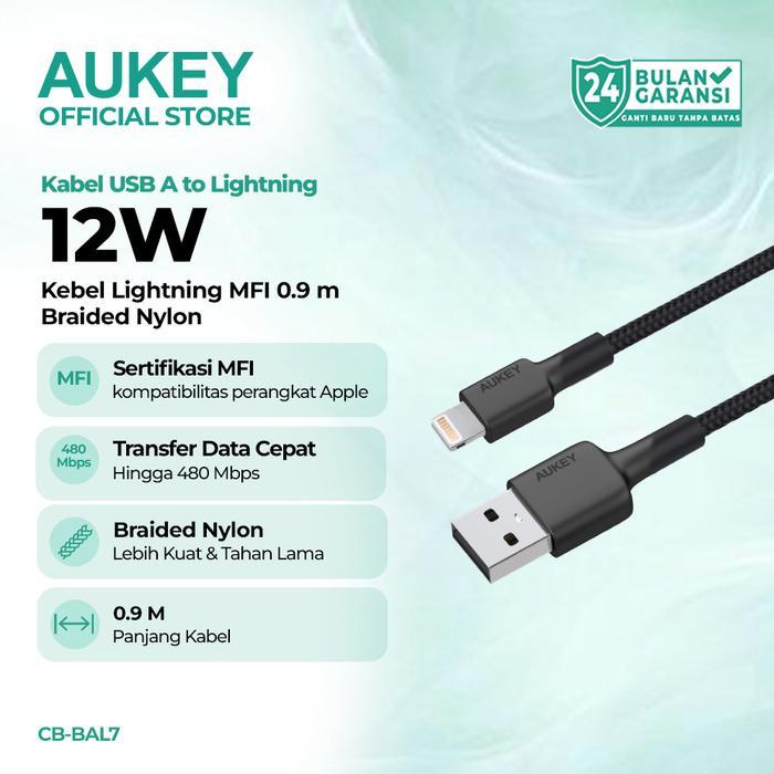 TERBARU AUKEY Kabel Charger 12W USB A to Lightning MFI 1 Meter Braided Nylon CB-BAL7