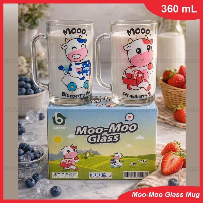 READY 1 SET ISI 2 PCS GELAS MUG MOO-MOO GLASS/GELAS MUG SUSU SET/GELAS KACA SET/GELAS LUCU/GELAS