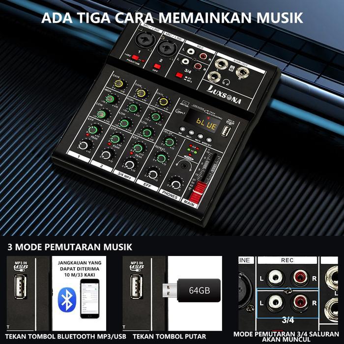 Diskon Luxsona Audio Mixer 4 Saluran/Mixer Dengan Reverb Bawaan/Mixer Audio Murah/Misker Mini