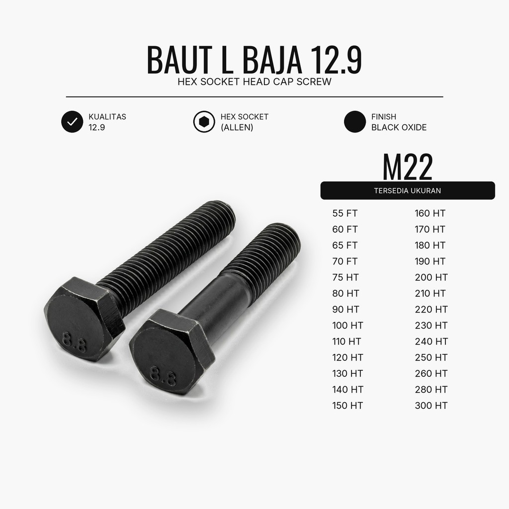12.9 Baut L Baja M22X120 / 22X120 / M22 X 120 / 22 X 120 HT - Black Hex Socket Head Cap Screw