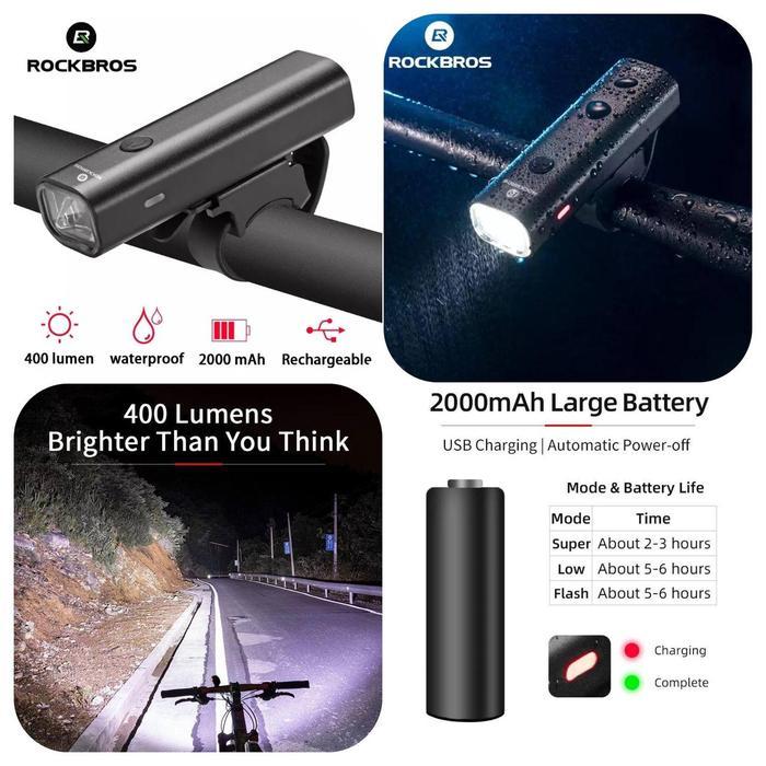 400Lm Lampu Depan Sepeda Rockbros Yq-Qd400Lm Original Rechargeable