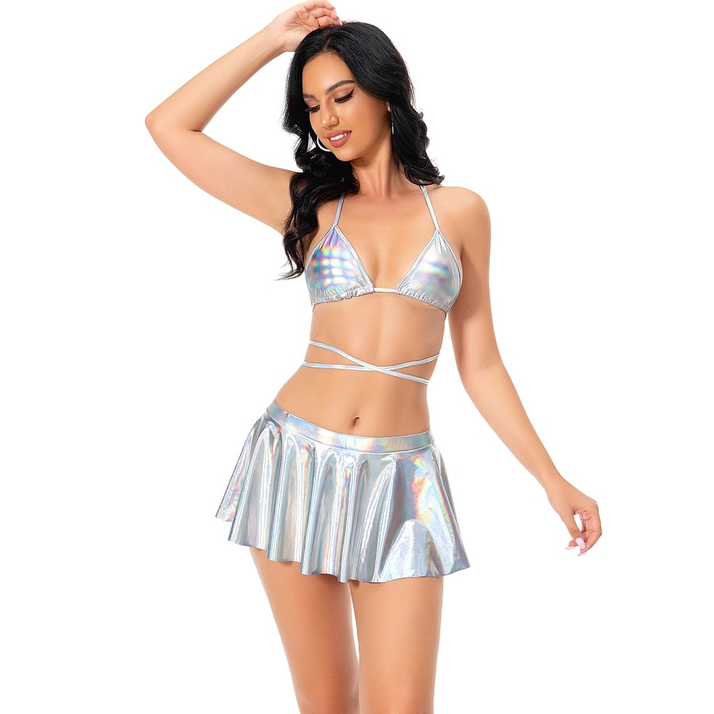 Women's 3 Piece Swimsuit Metallic Halter Shiny String Padded Triangle Bikini Set with Beach Skirt