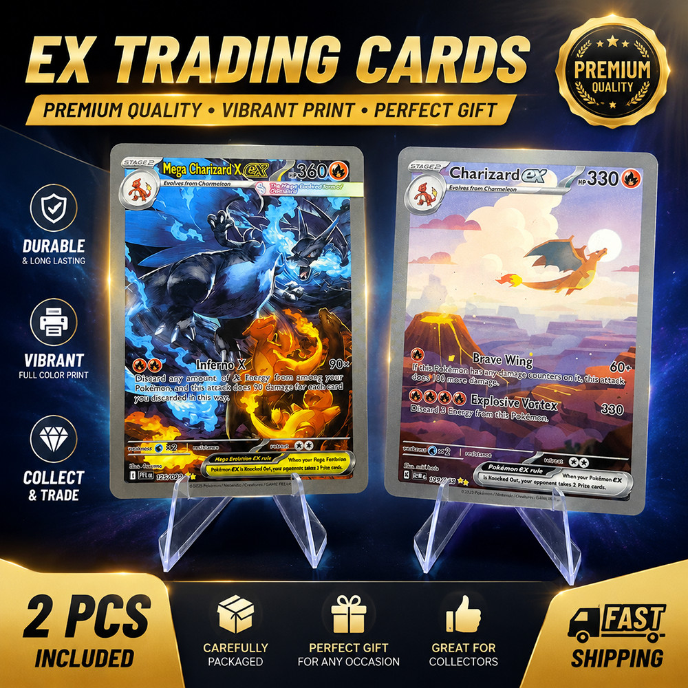 PTCG Mega Charizard X EX & Charizard Ex Trading Cards Set Collector Premium Holo Foil Cards Durable