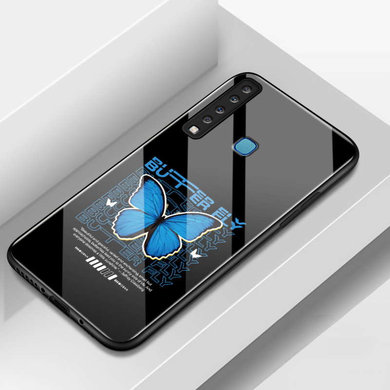 Casing Hp Untuk Samsung A9 2018 A8+ 2018 A8 2018 Case Casing pola kupu-kupu biru Kesing Kaca cangkan