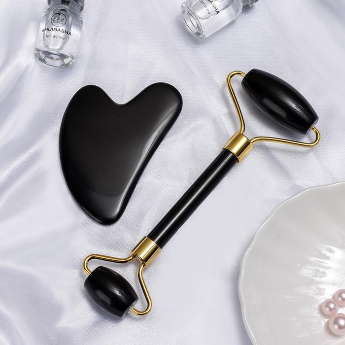 Ready Gua Sha Wajah Dan Roller Set 2 In 1 Original Dari Batu Asli - Alat Pijat Simetris Perawatan
