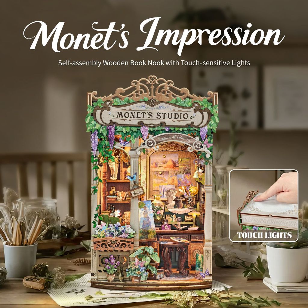 DIY Book Nook Monet's Studio 3D Wooden Puzzle Miniature Dollhouse Handmade Model Kit Home Decor