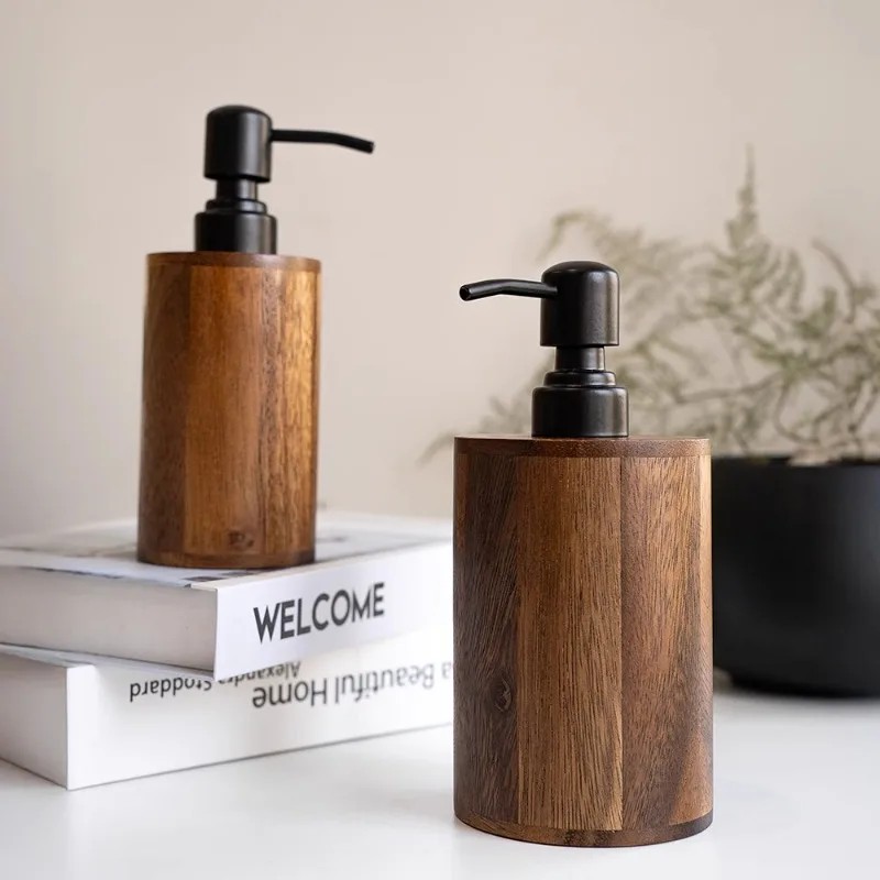 Luxury Walnut Wood Presstype Lotion Dispenser Empty Hotel Soap Dispenser Sink Lotion Bathroom