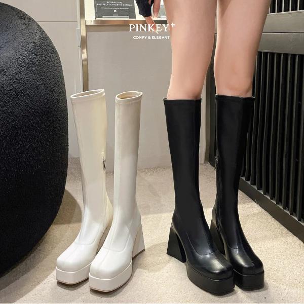 Adorableprojects - P295 Boots Panjang Wanita Heels 10Cm Platform Hitam Putih
