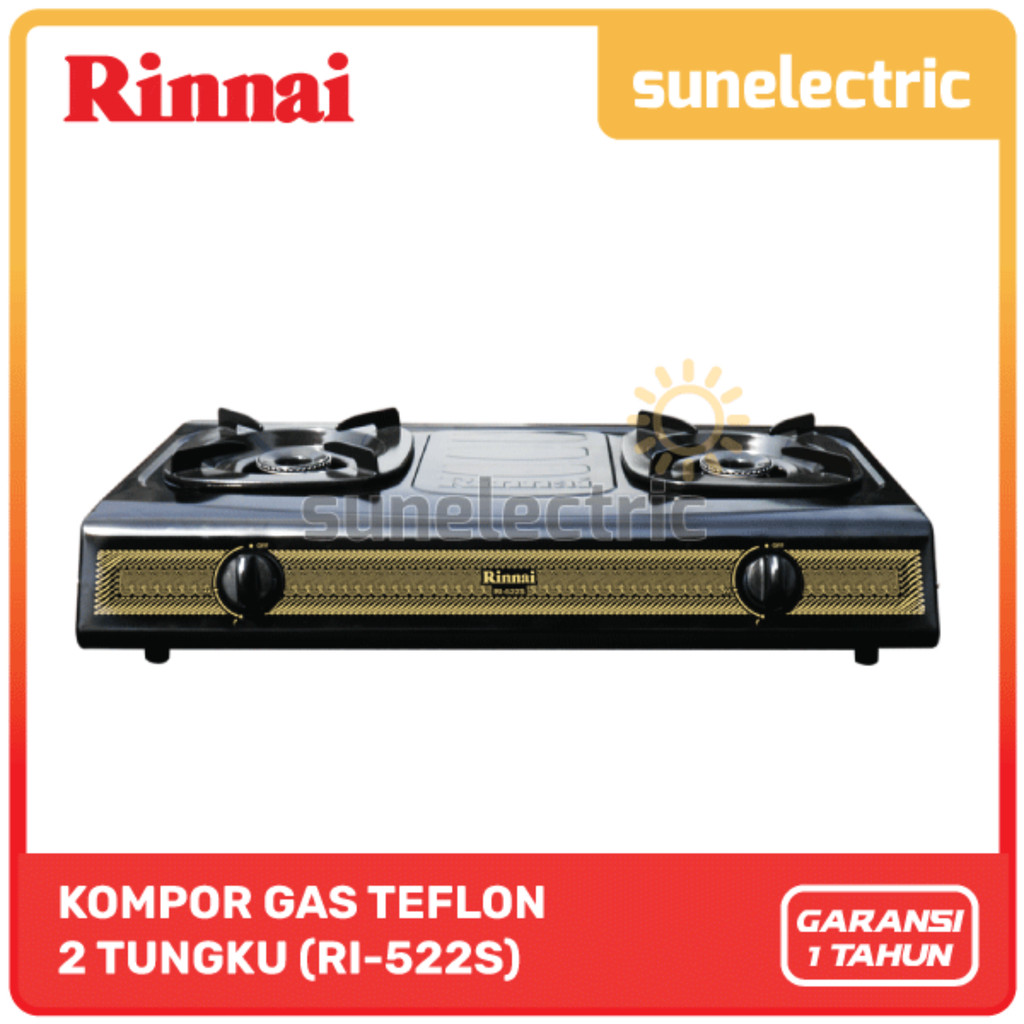 Rinnai RI 522 S Kompor Gas Stove Teflon 2 Tungku RI-522 S / RI522 S / RI 522S - Hitam
