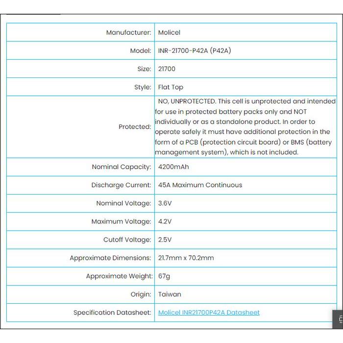 Safetr- Original Molicel P42A 4200Mah 21700 Battery Authentic Oten Baterai Batre Original Batere