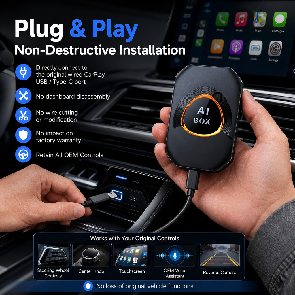 CarPlay AI Box Android 15 Wireless CarPlay & Android Auto Adapter Support YouTube Netflix IPTV