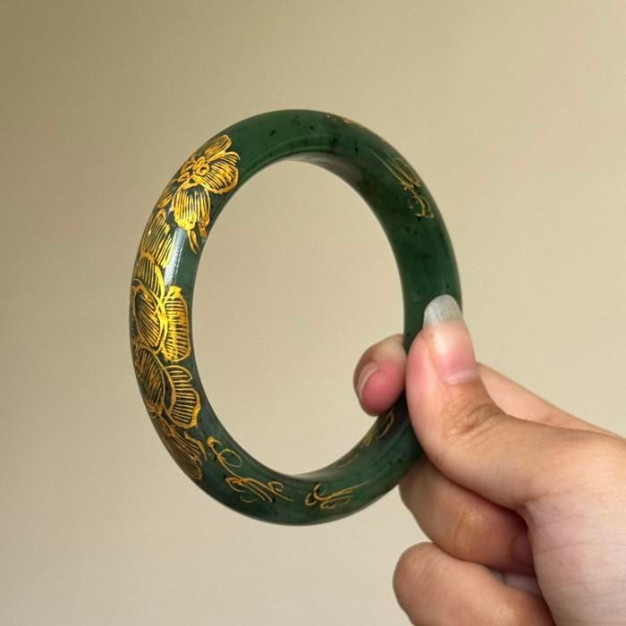Gelang Giok Hetian Jasper Ukiran Warna Emas Asli Alami Gelang Giok Wanita