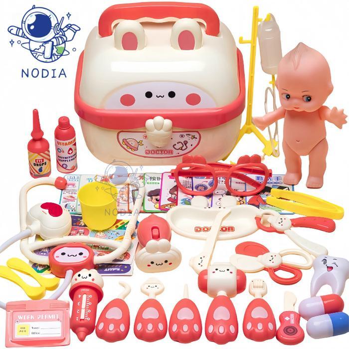 KIDSFRIENDLY NODIA 74Pcs Mainan Dokter-Dokteran Anak Perlengkapan Dokter Dengan Boneka Bayi Dan