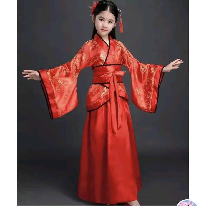 Kostum Hanfu Baju Tradisional China Cheongsam Imlek Import Merah Putih Motif Bunga Christantum