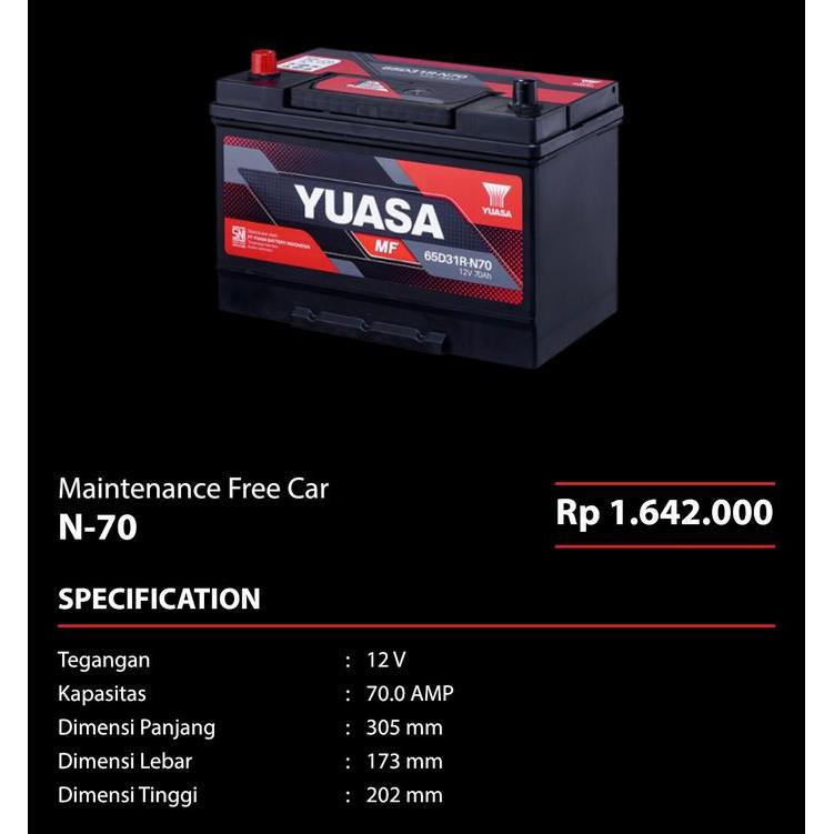 Aki Mobil Yuasa N70 Maintenance Free 12V 70Ah Accu Kering MF Cargo