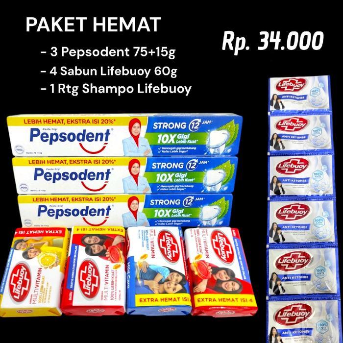 Promo Paket Mandi Hemat 3 Pepsodent 90Gr + 4 Lifebuoy + 1 Lusin Sampo Soap Original