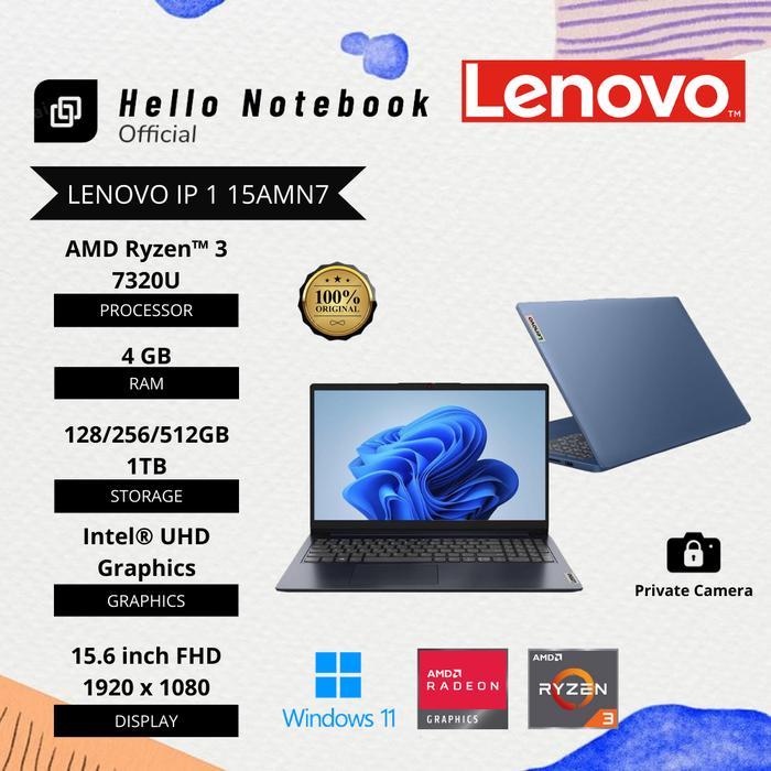 BARU Laptop Baru Lenovo IP 1 15AMN7 AMD Ryzen 3 7320U 8Cpus up to 4,1Ghz SSD