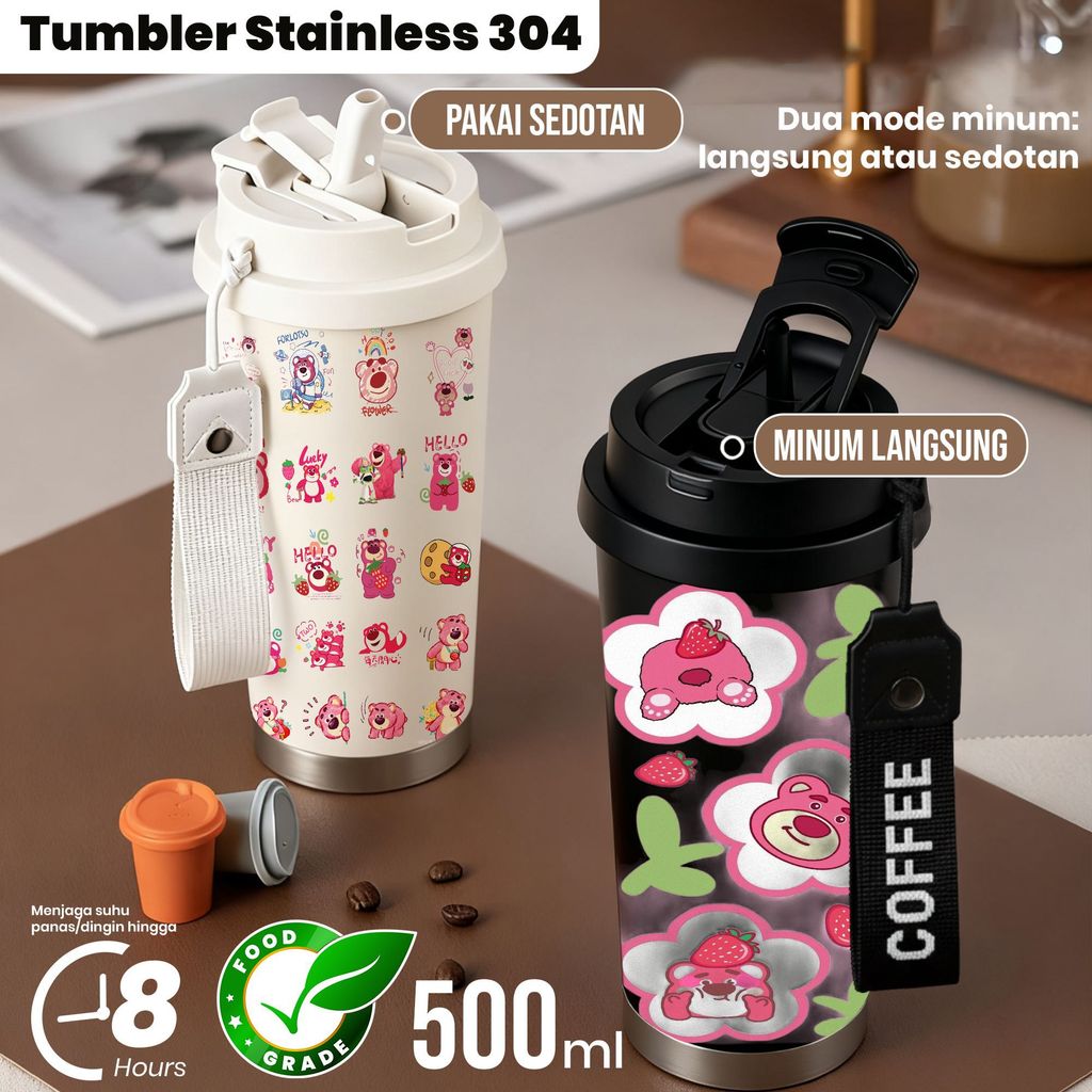 Tumbler Stainless 304 Botol Minum Kapasitas 500ml dengan Desain Karakter Lucu & Stroberi, Penutup Pu