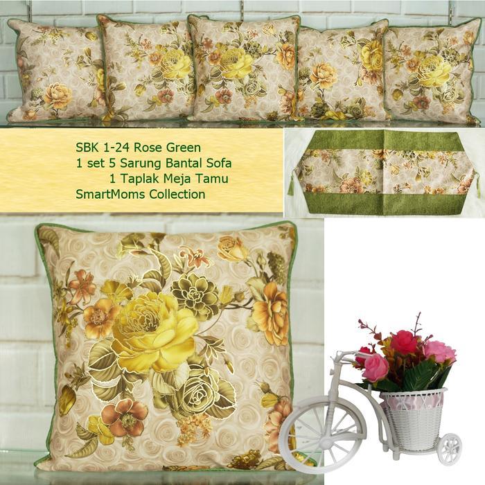Sarung Bantal Sofa Shabby Chic Minimalis / Bantal Kursi Set 40X40 + Taplak Meja Tamu Daun Hijau