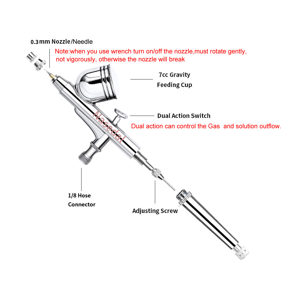Nasedal Dual-action Airbrush 0.3mm 7cc Spray Gun Air Brush for Cake Model Painting Makeup Tattoo Car