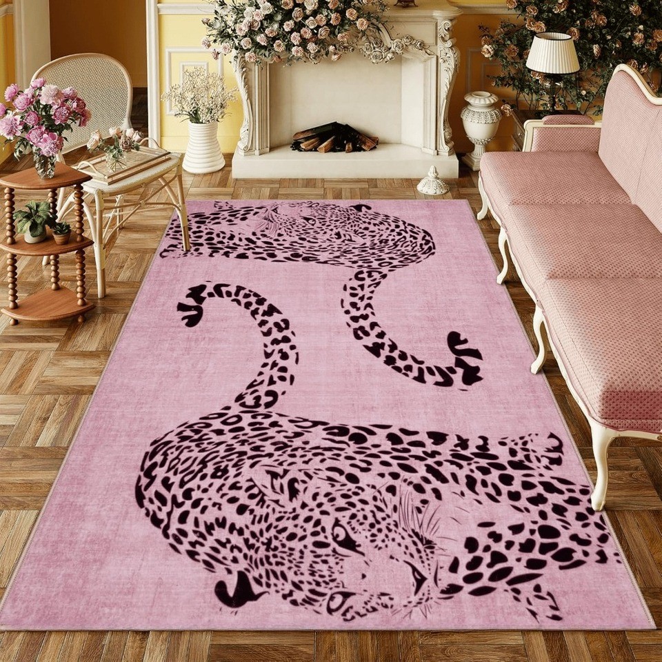Karpet Macan Tutul Merah Muda Coklat Retro Karpet Motif Hewan Antik Karpet Lantai Ruang Tamu Lembut 