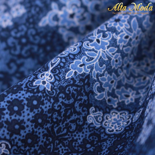 EKSLUSIF Katun Saten Biru Motif Batik Bunga Alta Moda