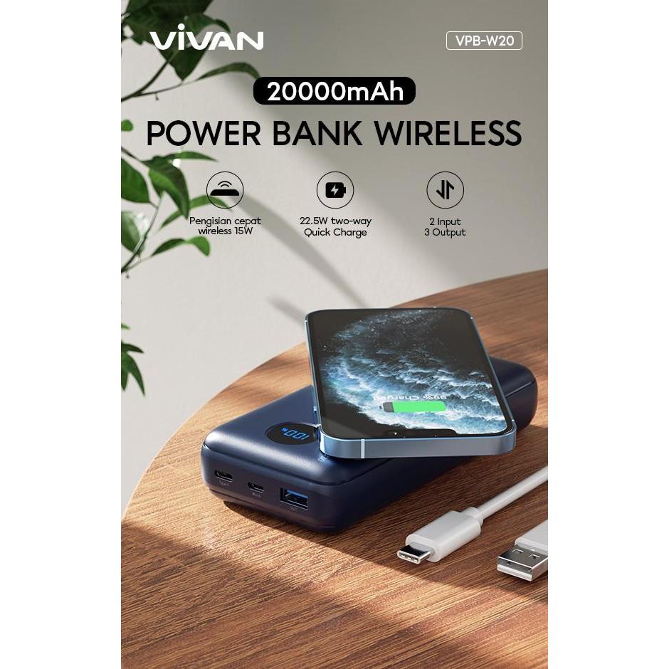 34oi- Powerbank 20000Mah Vivan Vpb-W20 Qi Wireless Quick Charge Original