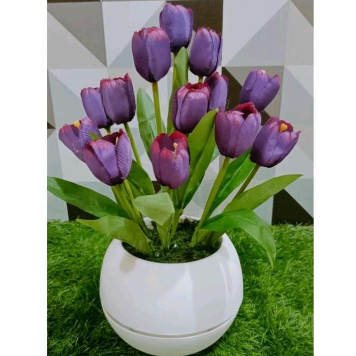 New Buket Bunga Tulip Artificial Dengan Pot Bola Jumbo Dekorasi Bunga Plastik -Gratisongkir