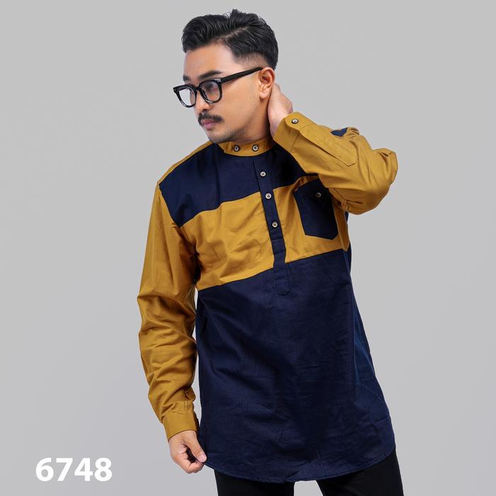 PAKAJI Koko Pria Baju Koko Pria Lengan Panjang Kombinasi Katun Cigarette Navy Mustard Kemeja Koko Uk
