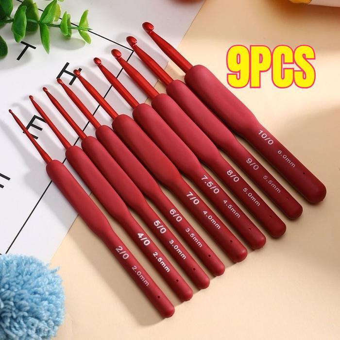 1 Set Hakpen Rajut Tulip Jarum Crochet Set 9pcs/set Hakpen Red Non Tulip Soft Handle Karet Crochet