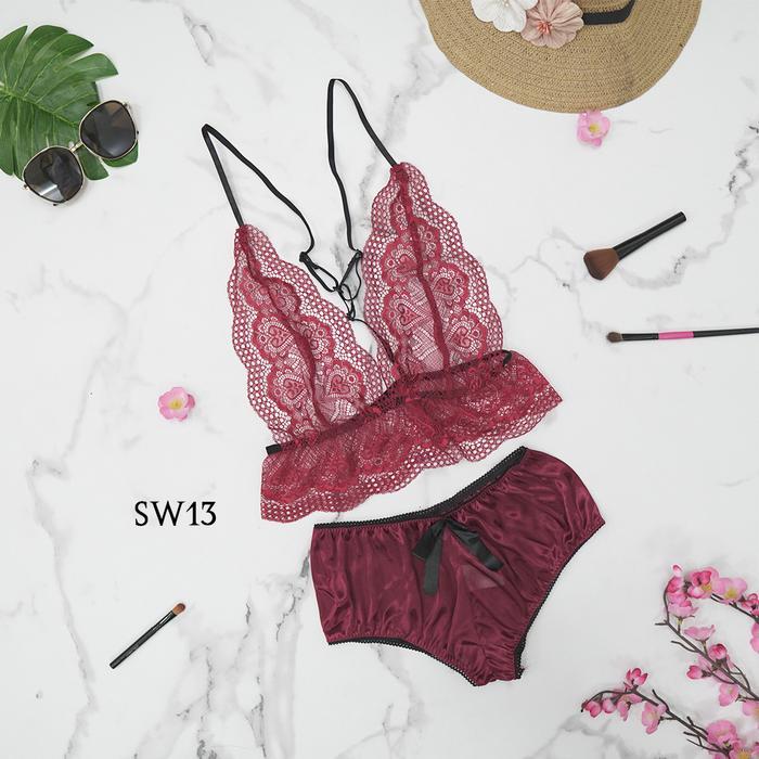 LINGERIE SEXY WANITA BAJU TIDUR SEXY BIKINI BRA + CD SATIN MARON SW13