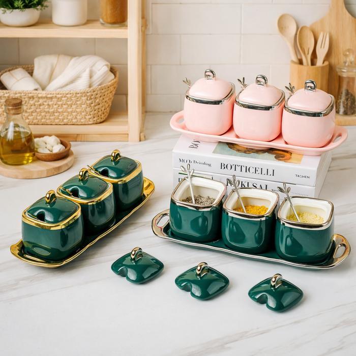 Tempat Bumbu Estetik Aveline Tempat Bumbu Keramik Set Gold Kitchenware Besi Tempat Bumbu Dapur