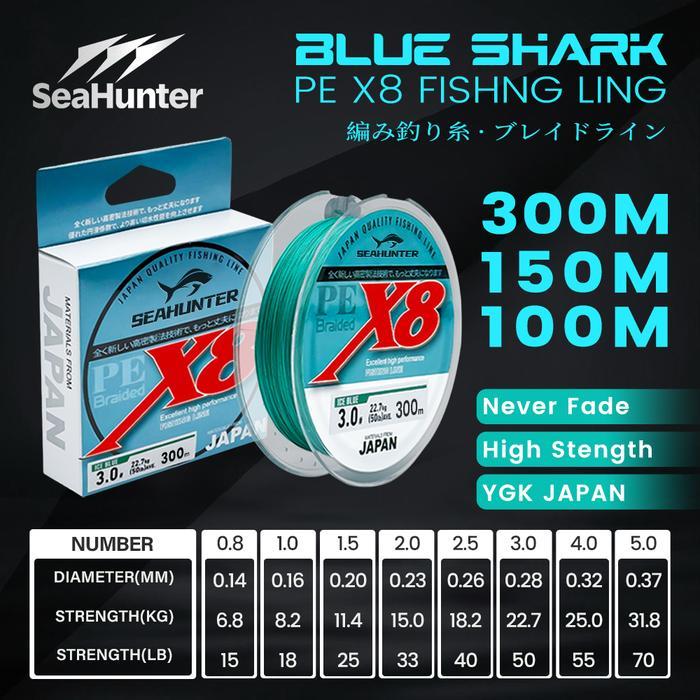 Daiwa - Blue Shark Pe X8 Senar Pancing, 100M/150M/300M Senar Pancing, Tahan Aus Senar Pe X8 Hijau