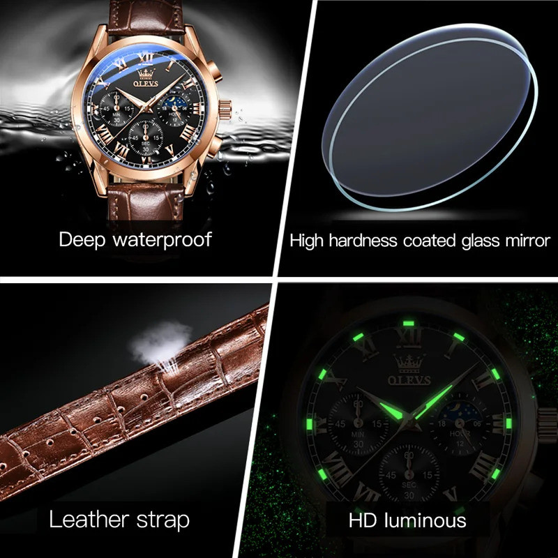 OLEVS 2871 Men tch Quartz tch Multifunctional Chronograph tch Man terproof Luminous Moon Phase tch