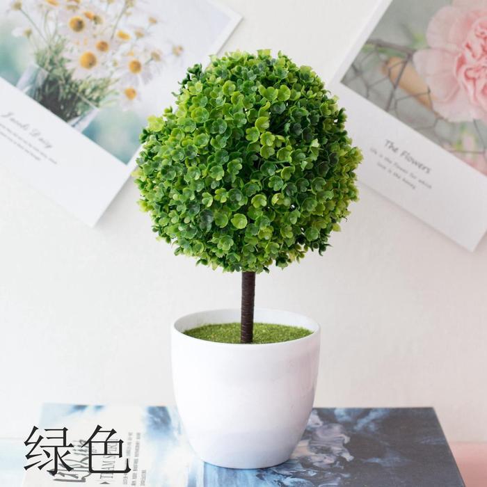 Bunga plastik Hias Bonsai Bulat Pajangan bunga Tanaman Artifisial Sudah Termasuk Pot