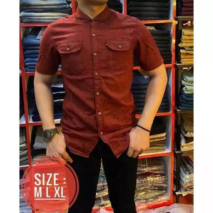 Kemeja Jeans Pria Lengan Pendek Atasan Kemeja Jeans Pria Dewasa Lengan Pendek Terlaris