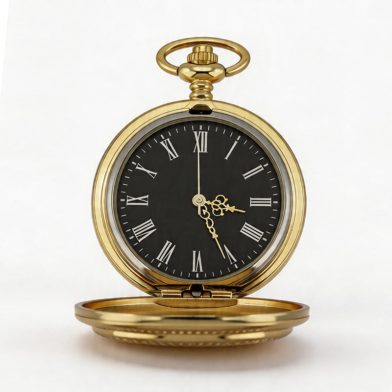 Mens Vintage Gold Pocket Watch Roman Numeral Black Dial Quartz Pocket Watch Classic Pocket Watch