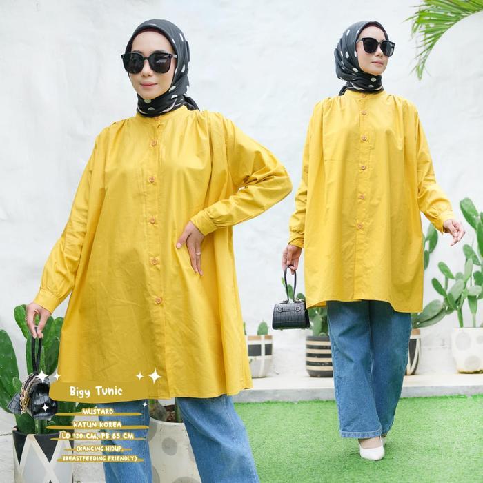 Bigy Long Tunik Wanita Muslim Katun Korea Motif Polos