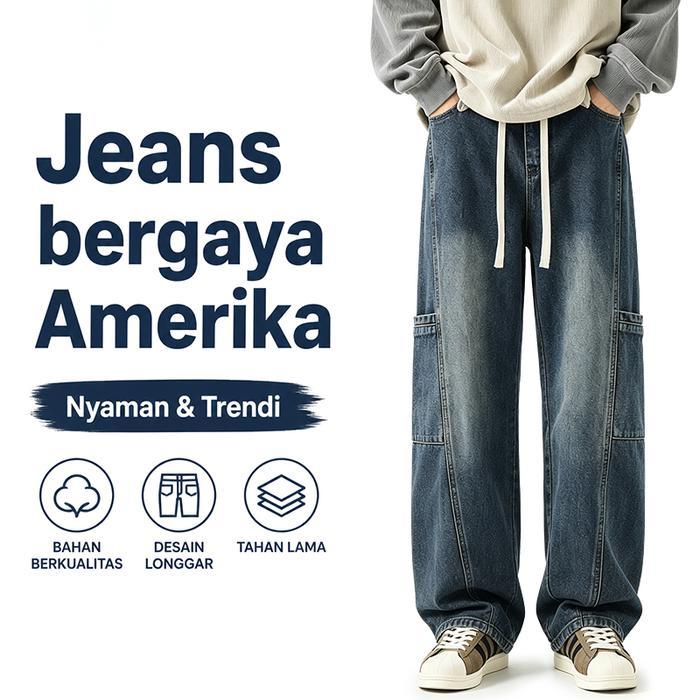 DISKON Celana jeans pria, celana jeans kargo pria, celana jeans longgar pria, celana jeans keren