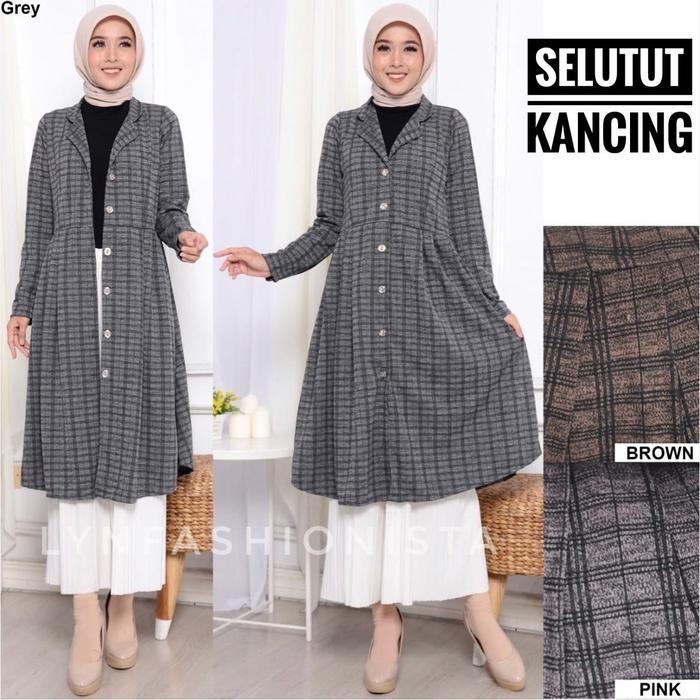 Long Cardigan Outer Wanita Fashion Muslimah Kancing Hidup Motif Tartan Kotak/Izora