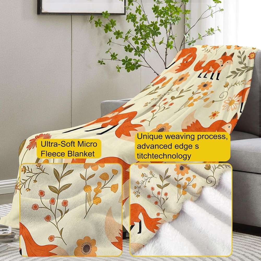 Cute Fox Blanket, Red Fox and Floarl Flannel Throw Blankets, Soft Warm Lightweight Cozy Plush Animal