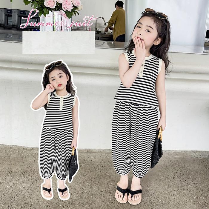Setelan Garis Lengan Kutung Aqila One Set Celana Jogger Fashion Korea Terbaru 