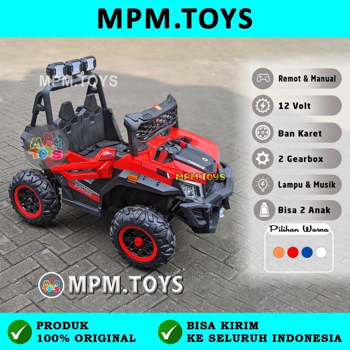 Mobil Aki Anak Jeep Ban Karet JUMBO 4WD Bisa 2 Anak Jeep Rhinos ORI - Merah, Dus Standar