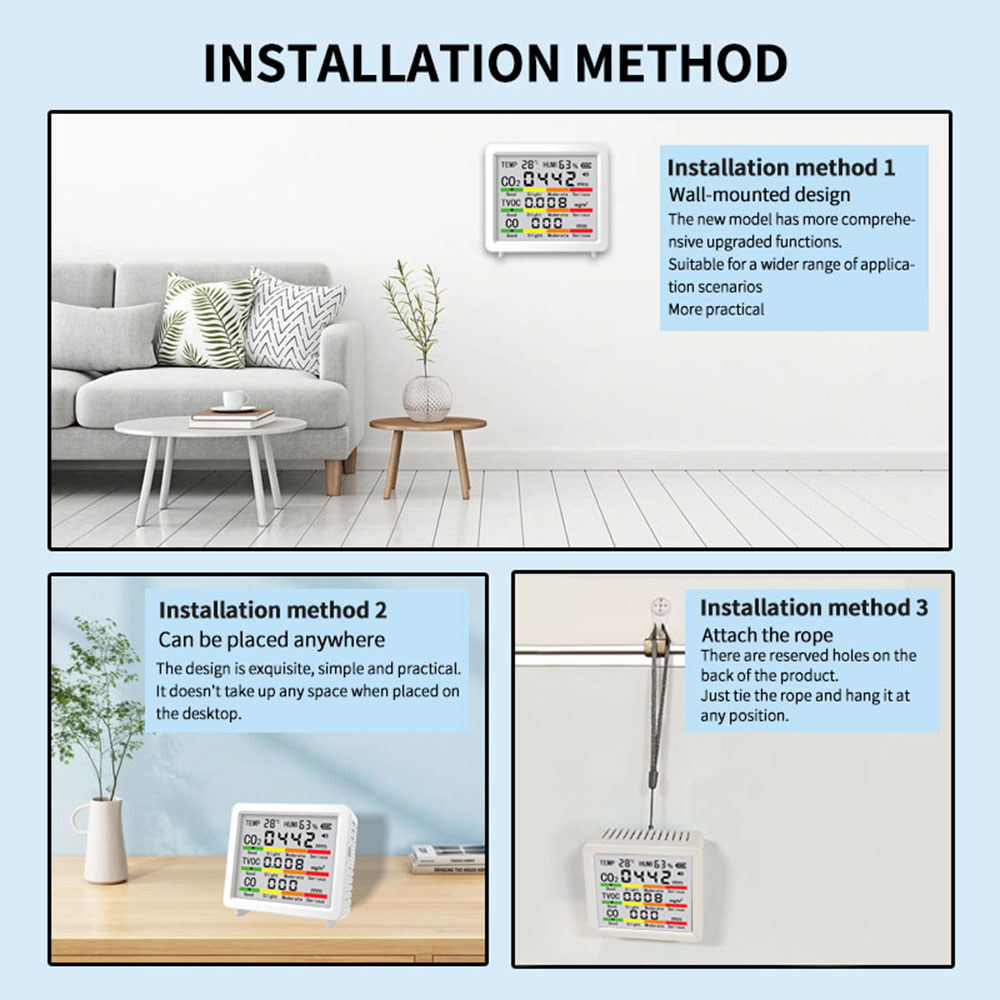 5in1 Air Quality Monitor 1.4 Inh Large Sreen Detets O2 HHO TVO Temperature Humidity Detetor Type