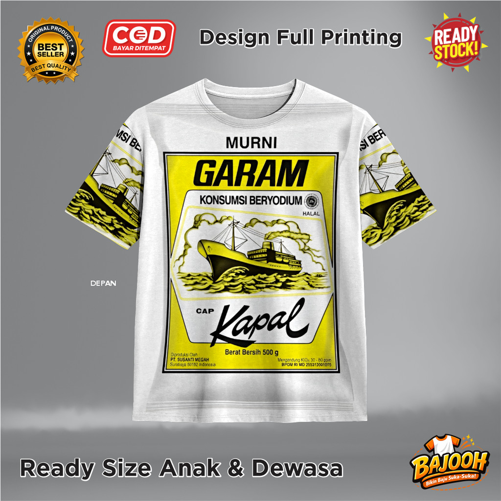 Kaos Fullprint Garam Cap Kapal Penyedap Rasa - Baju AOP Garam Cap Kapal Viral Lucu Keren - Bajoohstu