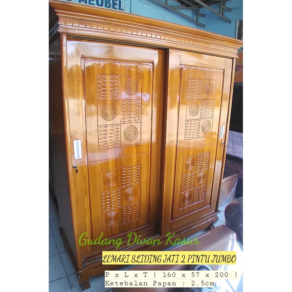 Lemari Pakaian Sliding 2 Pintu Jumbo Full Jati